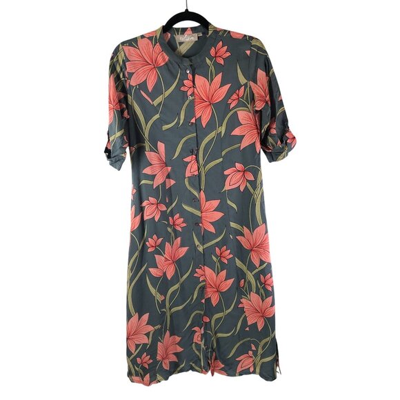Utsa Kurta Dress Button Front Pockets Floral Gray Pink XS - Picture 1 of 4